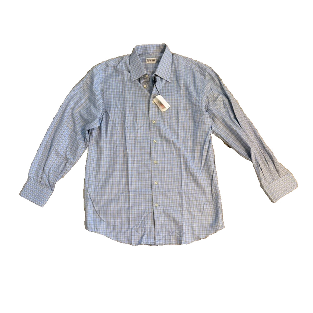 Zanetti Made in Italy Men’s Dress Shirt 42 Blue Plaid Long Sleeve Button Front N